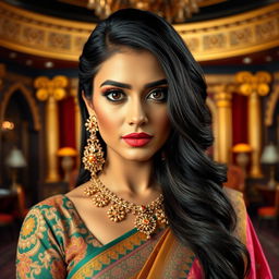 A glamorous Hindi television series actress with captivatingly large and expressive features, such as prominent dark eyes and voluminous silky black hair