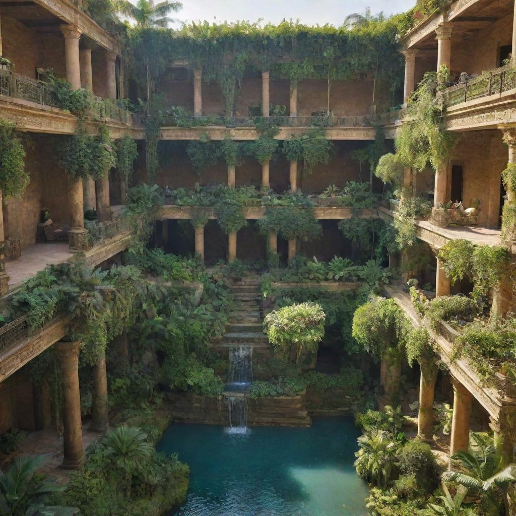 The marvelous Hanging Gardens of Babylon filled with lush greenery, cascading over terraced plots, with water trickling down through the bright exotic plants.