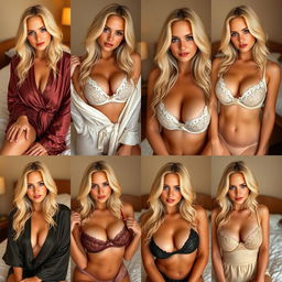 A series of 10 sensual photographs of the same blonde woman, each featuring her in different outfits that subtly reveal a bit of her bust, maintaining a classy and tasteful allure