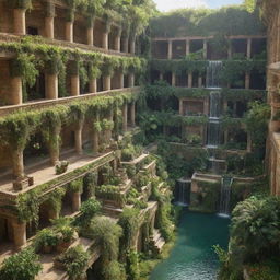 The marvelous Hanging Gardens of Babylon filled with lush greenery, cascading over terraced plots, with water trickling down through the bright exotic plants.