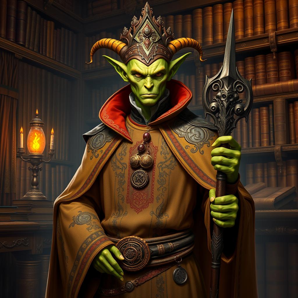 A male Githyanki rogue in an ornate headmaster outfit, characterized by elaborate embroidery and mystical symbols