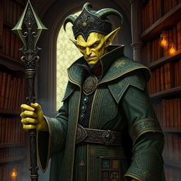 A male Githyanki rogue in an ornate headmaster outfit, characterized by elaborate embroidery and mystical symbols