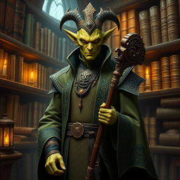 A male Githyanki rogue in an ornate headmaster outfit, characterized by elaborate embroidery and mystical symbols