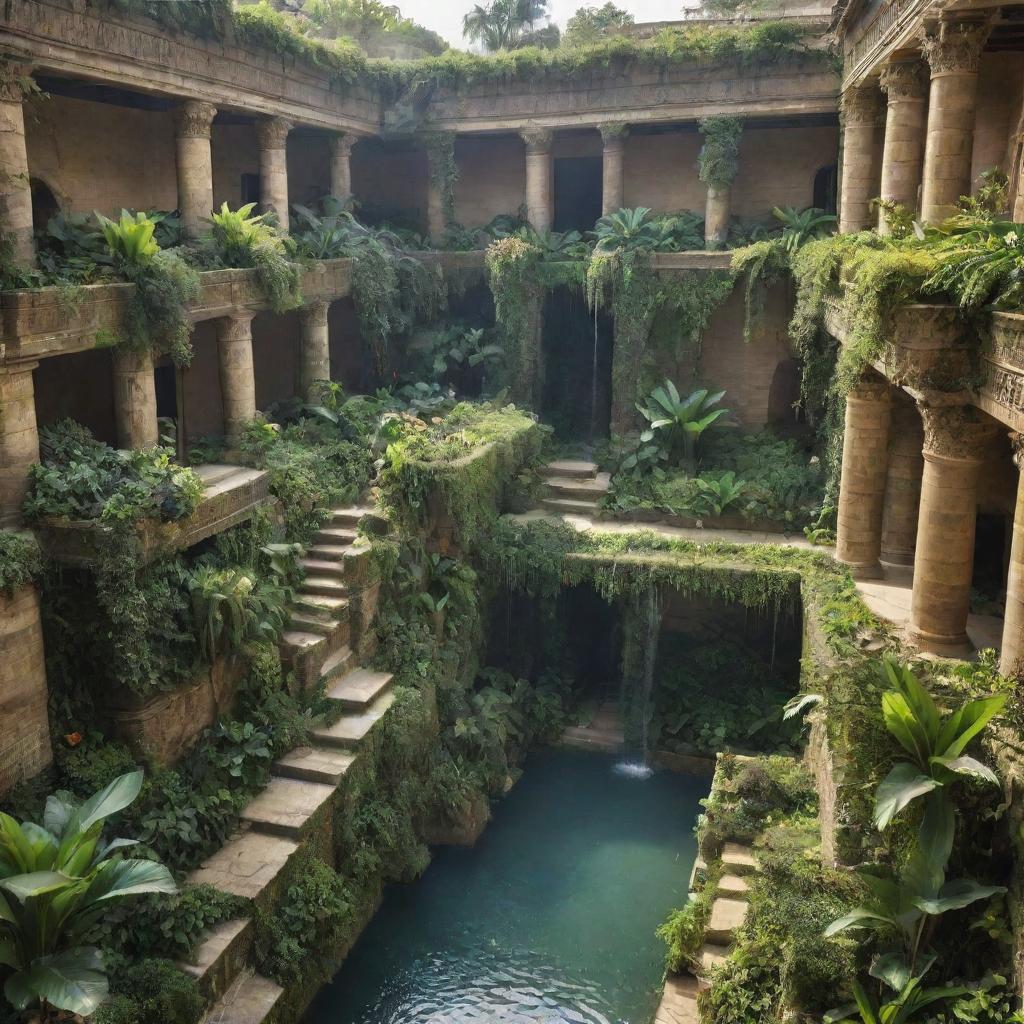 The marvelous Hanging Gardens of Babylon filled with lush greenery, cascading over terraced plots, with water trickling down through the bright exotic plants.