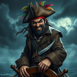 A devilish male pirate with a mischievous grin, wearing a weathered tricorn hat adorned with colorful feathers