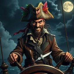 A devilish male pirate with a mischievous grin, wearing a weathered tricorn hat adorned with colorful feathers