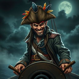 A devilish male pirate with a mischievous grin, wearing a weathered tricorn hat adorned with colorful feathers