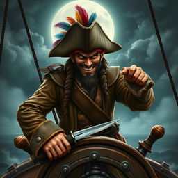 A devilish male pirate with a mischievous grin, wearing a weathered tricorn hat adorned with colorful feathers