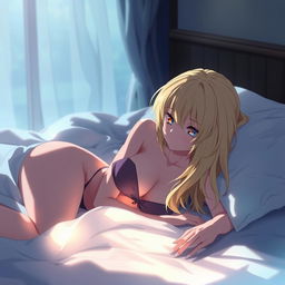 A sensual anime scene featuring a blonde character on a bed, with artistic lighting and composition, capturing the intimate and delicate atmosphere