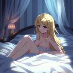 A sensual anime scene featuring a blonde character on a bed, with artistic lighting and composition, capturing the intimate and delicate atmosphere