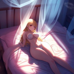 A sensual anime scene featuring a blonde character on a bed, with artistic lighting and composition, capturing the intimate and delicate atmosphere