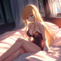 A sensual anime scene featuring a blonde character on a bed, with artistic lighting and composition, capturing the intimate and delicate atmosphere