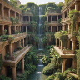 The marvelous Hanging Gardens of Babylon filled with lush greenery, cascading over terraced plots, with water trickling down through the bright exotic plants.