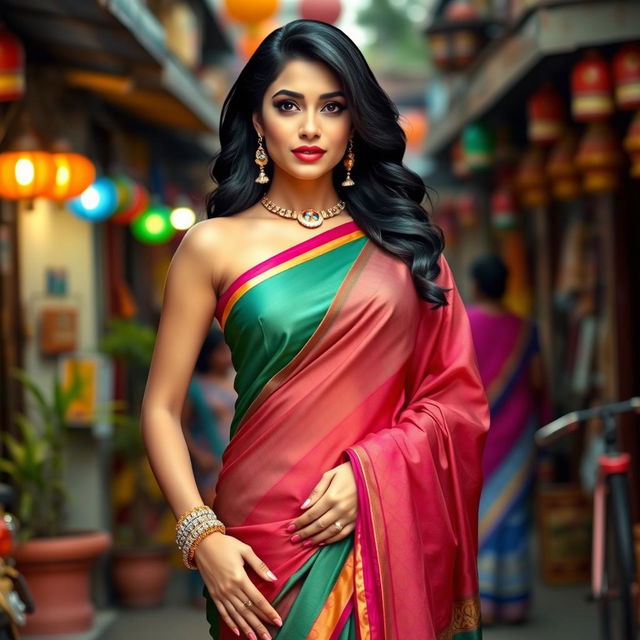 A glamorous Indian woman inspired by actresses in "Taarak Mehta Ka Ooltah Chashmah", featuring an hourglass figure with notably accentuated curves and a confident pose