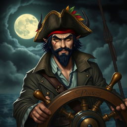 A devilish male pirate with short black hair and a pointy beard, exuding a mischievous yet captivating demeanor