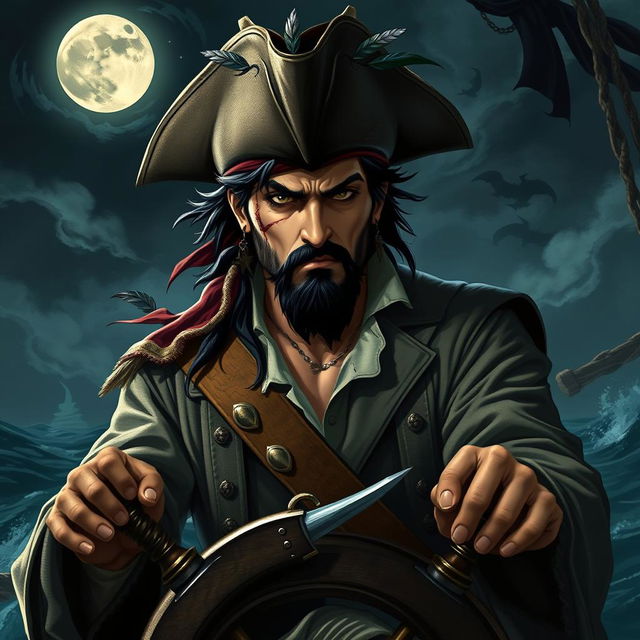 A devilish male pirate with short black hair and a pointy beard, exuding a mischievous yet captivating demeanor