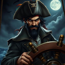 A devilish male pirate with short black hair and a pointy beard, exuding a mischievous yet captivating demeanor