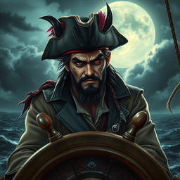 A devilish male pirate with short black hair and a pointy beard, exuding a mischievous yet captivating demeanor