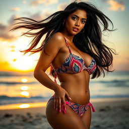 An alluring Indian woman with a focus on a voluptuous figure, wearing a fashionable and colorful bikini that highlights her curves