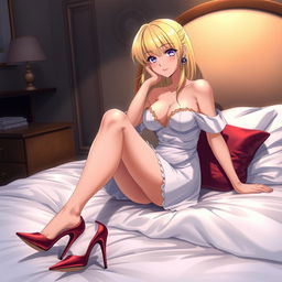 A mature anime scene featuring a blonde character wearing high heels on a bed, depicted with an emphasis on elegance and allure