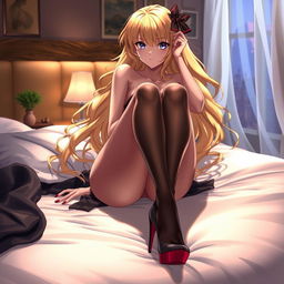 A mature anime scene featuring a blonde character wearing high heels on a bed, depicted with an emphasis on elegance and allure