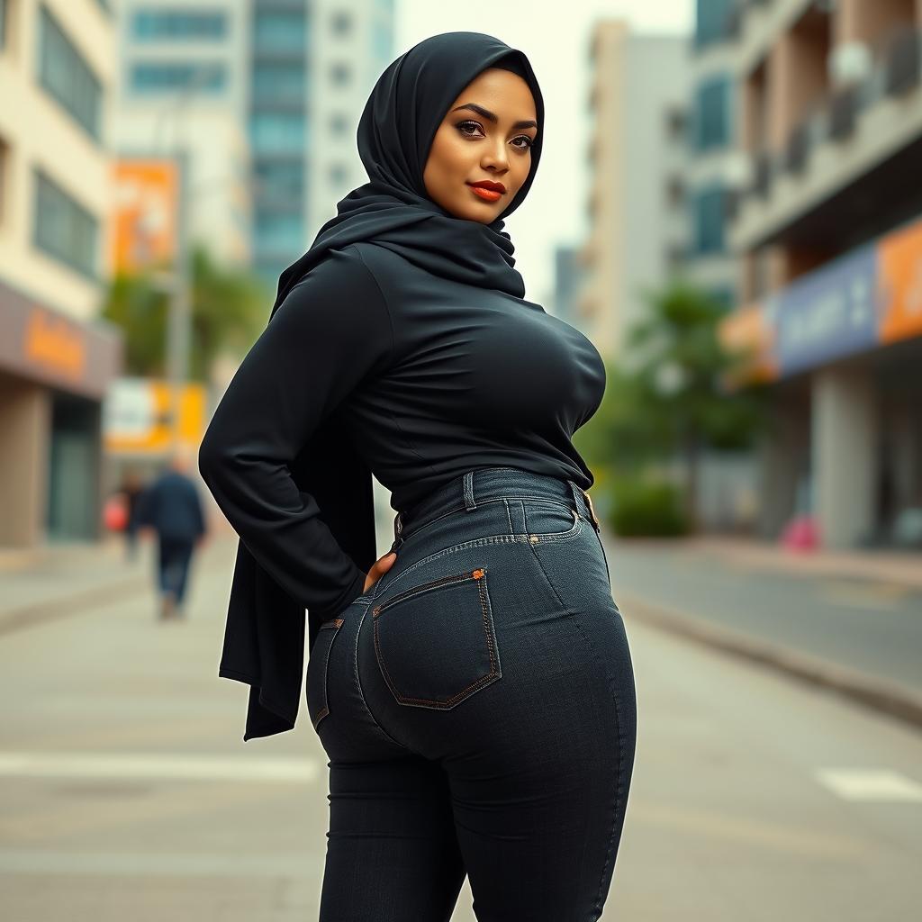 A confident and glamorous woman in a hijab, showcasing her curves with a focus on her full hips and thighs