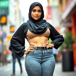 A confident and glamorous woman in a hijab, showcasing her curves with a focus on her full hips and thighs