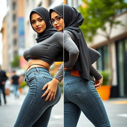 A confident and glamorous woman in a hijab, showcasing her curves with a focus on her full hips and thighs