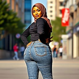 A confident and glamorous woman in a hijab, showcasing her curves with a focus on her full hips and thighs