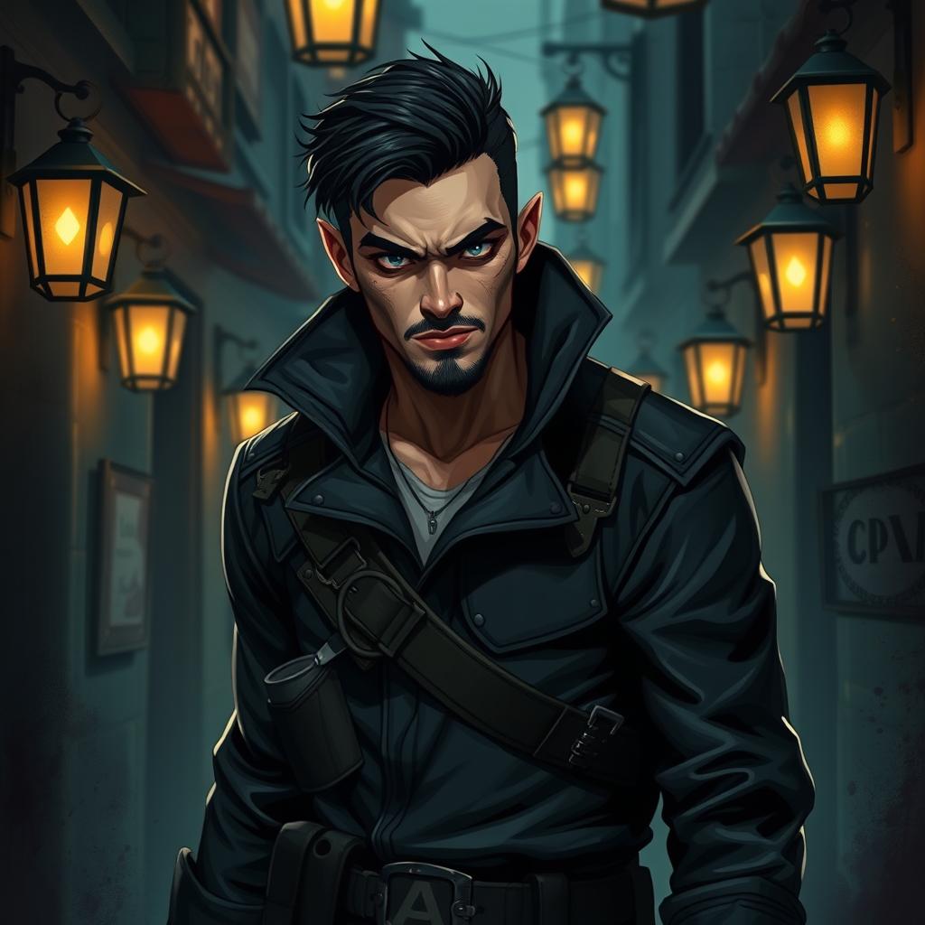 A devilish male rogue with short black hair and a short pointy beard, clad in a shadowy ensemble that enhances his stealthy aura