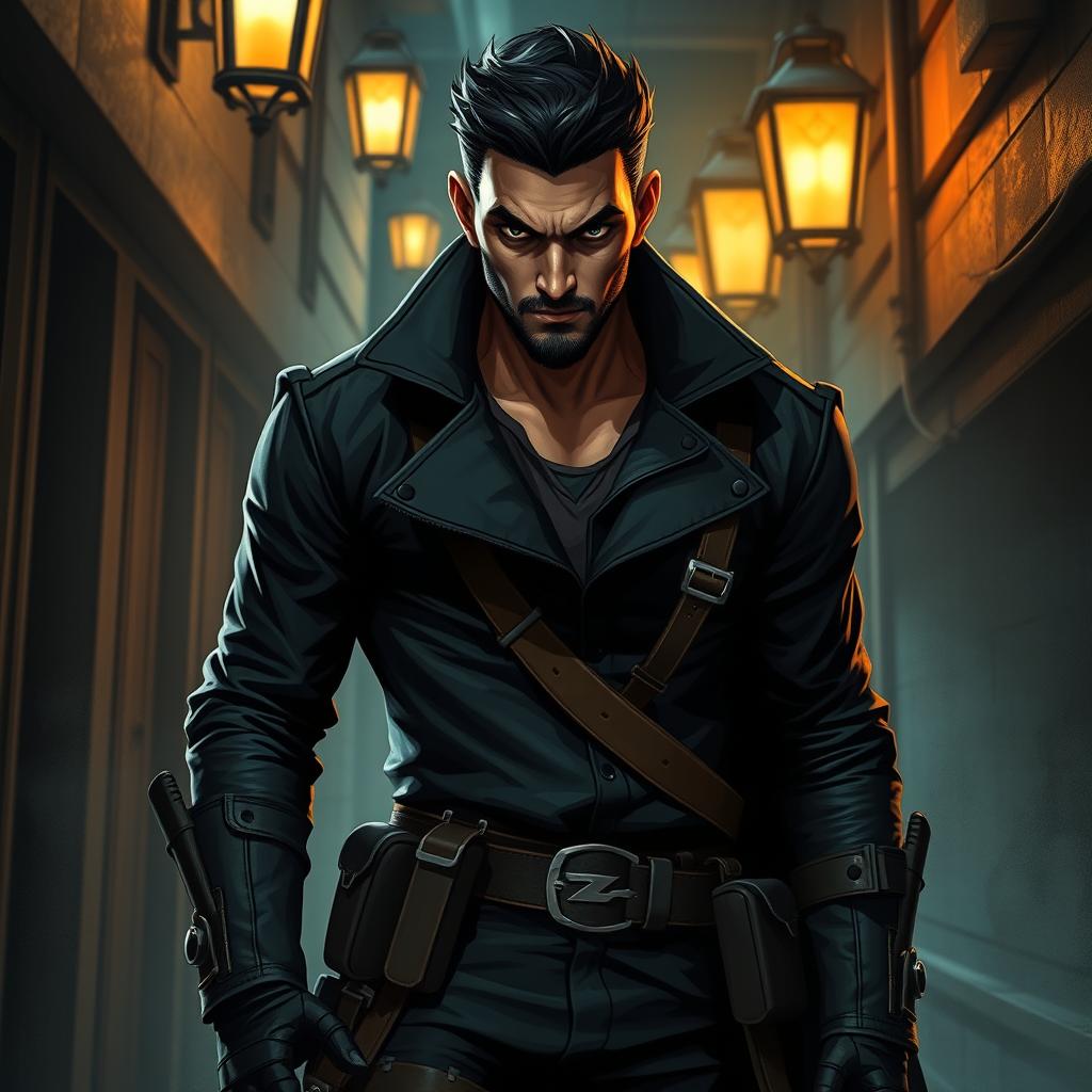 A devilish male rogue with short black hair and a short pointy beard, clad in a shadowy ensemble that enhances his stealthy aura