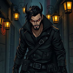 A devilish male rogue with short black hair and a short pointy beard, clad in a shadowy ensemble that enhances his stealthy aura