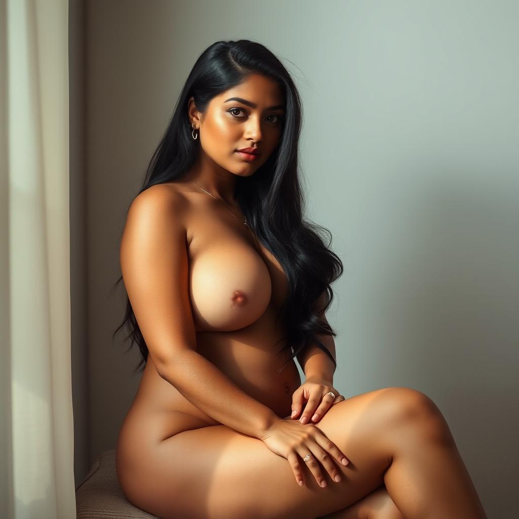 An alluring and voluptuous Indian woman posed tastefully within an elegant, artistic nude composition