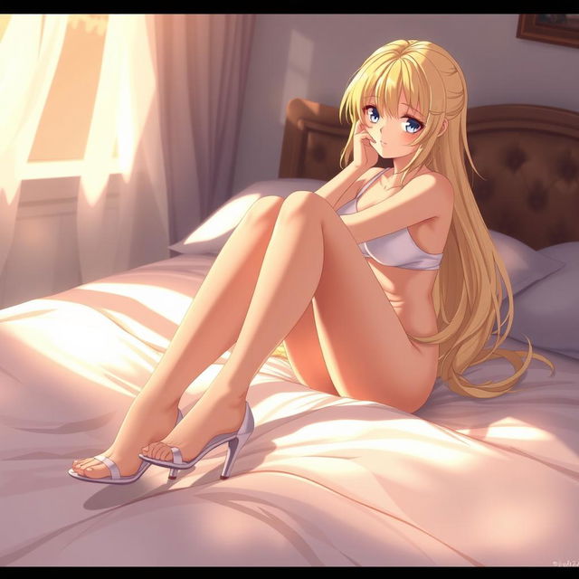 A softcore anime scene featuring a blonde character wearing only high heels on a bed, elegantly posed with an emphasis on her alluring presence