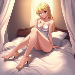 A softcore anime scene featuring a blonde character wearing only high heels on a bed, elegantly posed with an emphasis on her alluring presence