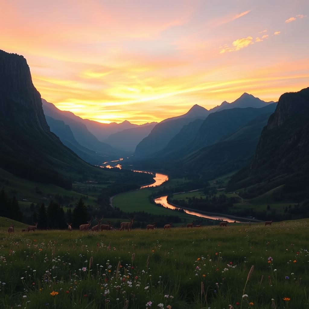 A serene and picturesque landscape of a lush green valley at sunset