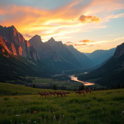 A serene and picturesque landscape of a lush green valley at sunset