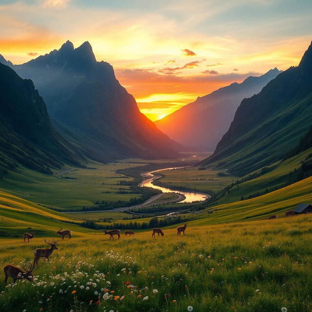 A serene and picturesque landscape of a lush green valley at sunset