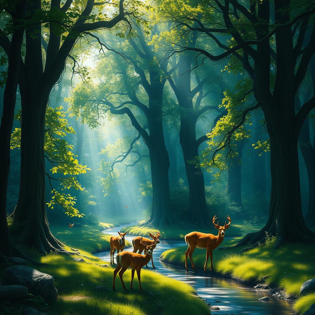 A serene forest scene with dappled sunlight filtering through the leaves, casting intricate shadows on the forest floor