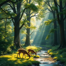 A serene forest scene with dappled sunlight filtering through the leaves, casting intricate shadows on the forest floor