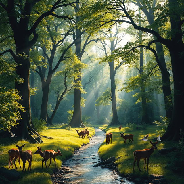 A serene forest scene with dappled sunlight filtering through the leaves, casting intricate shadows on the forest floor