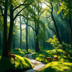 A serene forest scene with dappled sunlight filtering through the leaves, casting intricate shadows on the forest floor