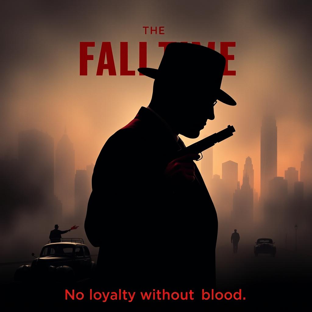 A captivating poster in shades of black and red showcasing the silhouette of a classic 1940s gangster