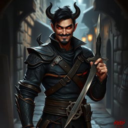 A devilish fantasy male rogue stands with a mischievous smirk