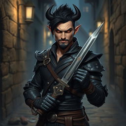 A devilish fantasy male rogue stands with a mischievous smirk