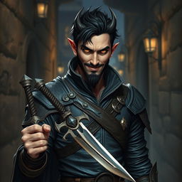 A devilish fantasy male rogue stands with a mischievous smirk