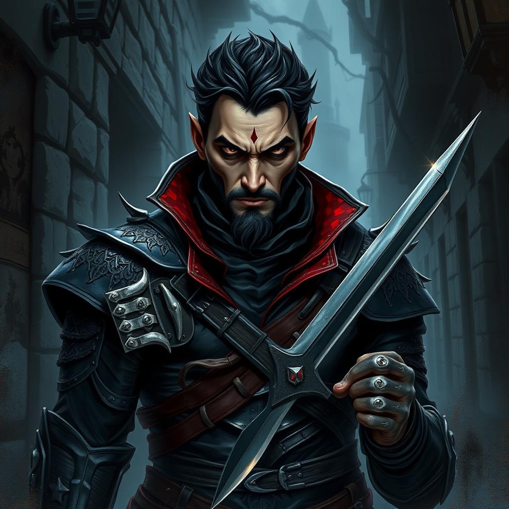 An evil fantasy male rogue stands with a sinister expression