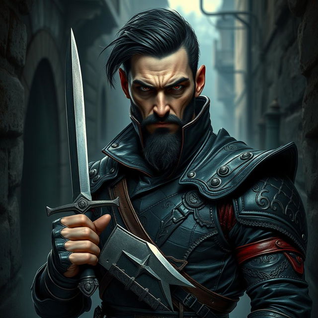 An evil fantasy male rogue stands with a sinister expression