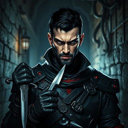 An evil fantasy male rogue stands with a sinister expression