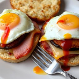 A delicious and savory meal featuring two servings of gourmet fried egg sandwiches